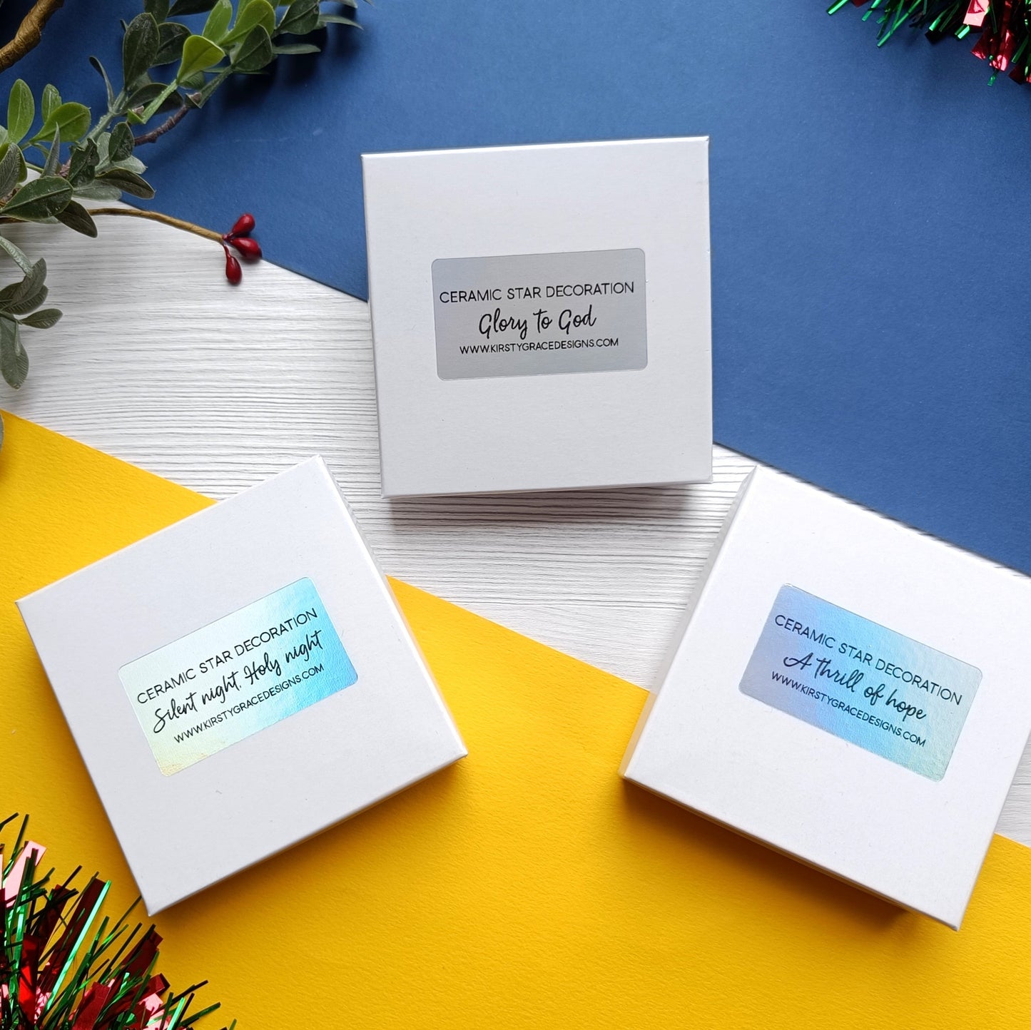 Set of 3 Ceramic Star Scripture Decorations