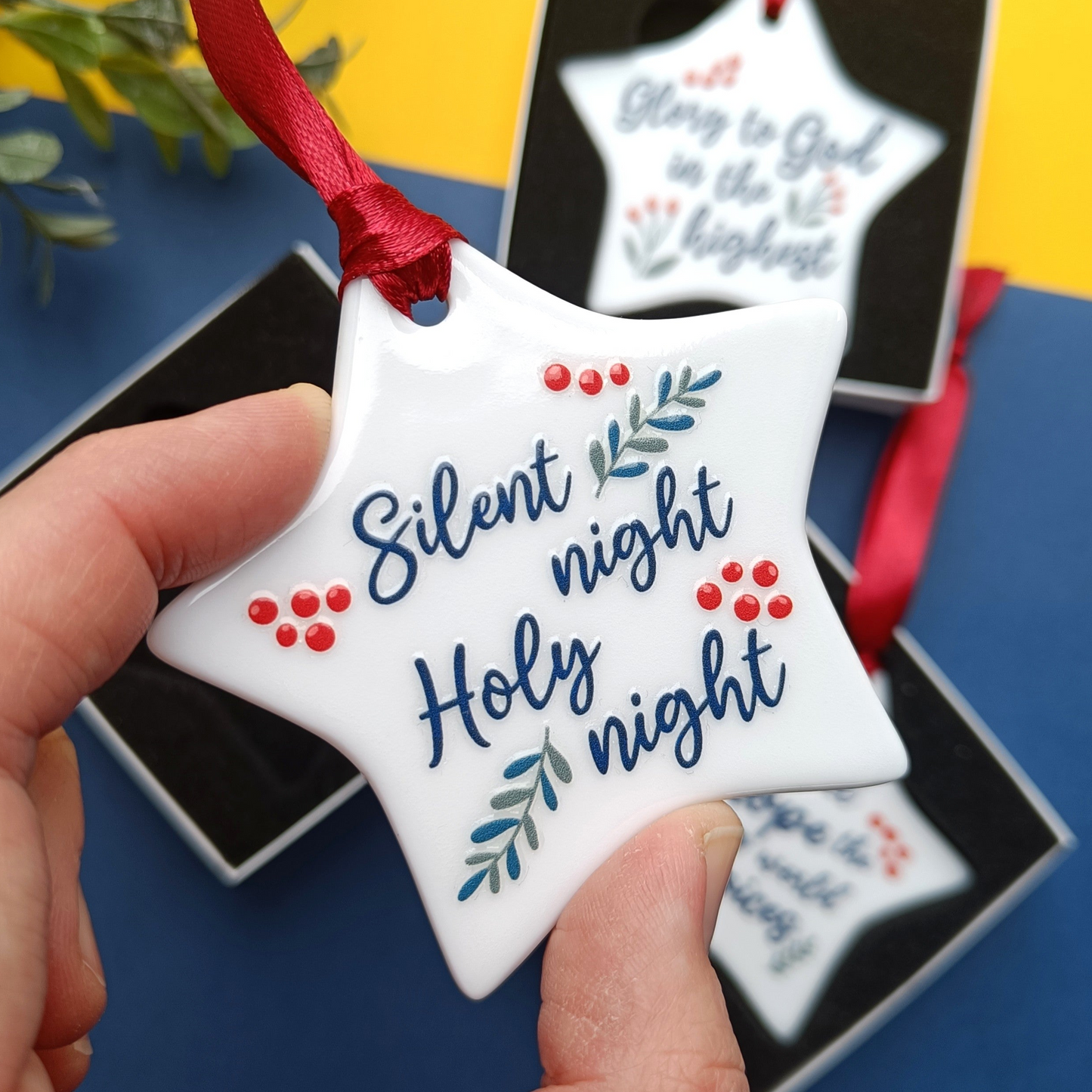 Set of 3 Ceramic Star Scripture Decorations