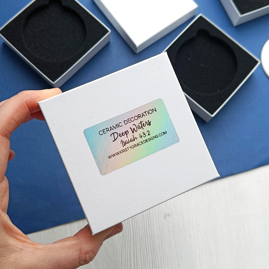 Hand holding a white box with a label on a blue surface