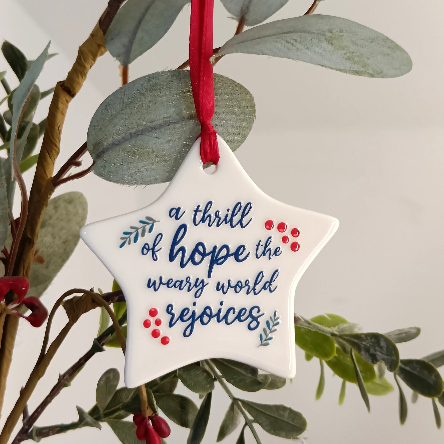 Star-shaped ornament with text hanging on a branch with leaves and berries.