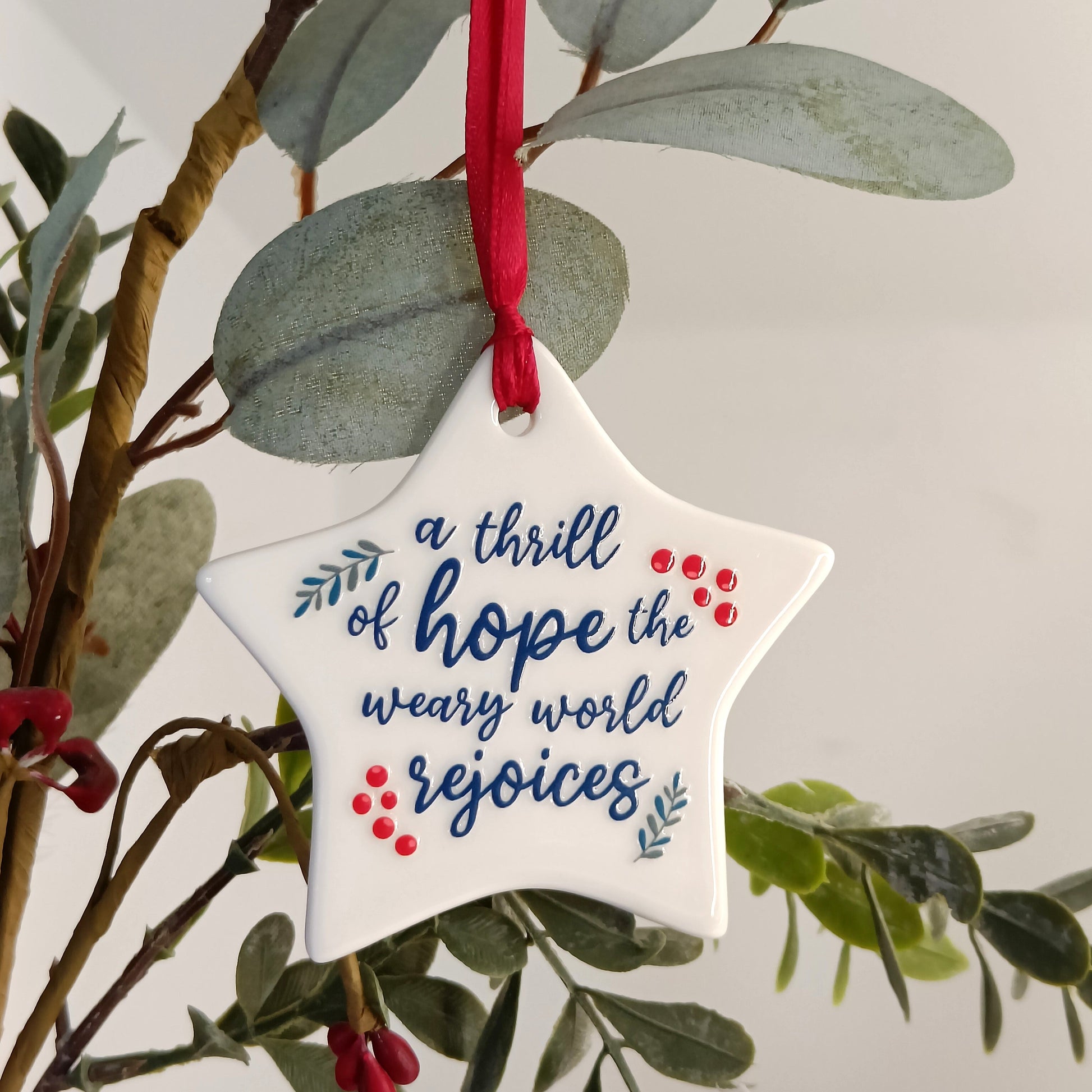 Star-shaped ornament with text hanging on a branch with leaves and berries.