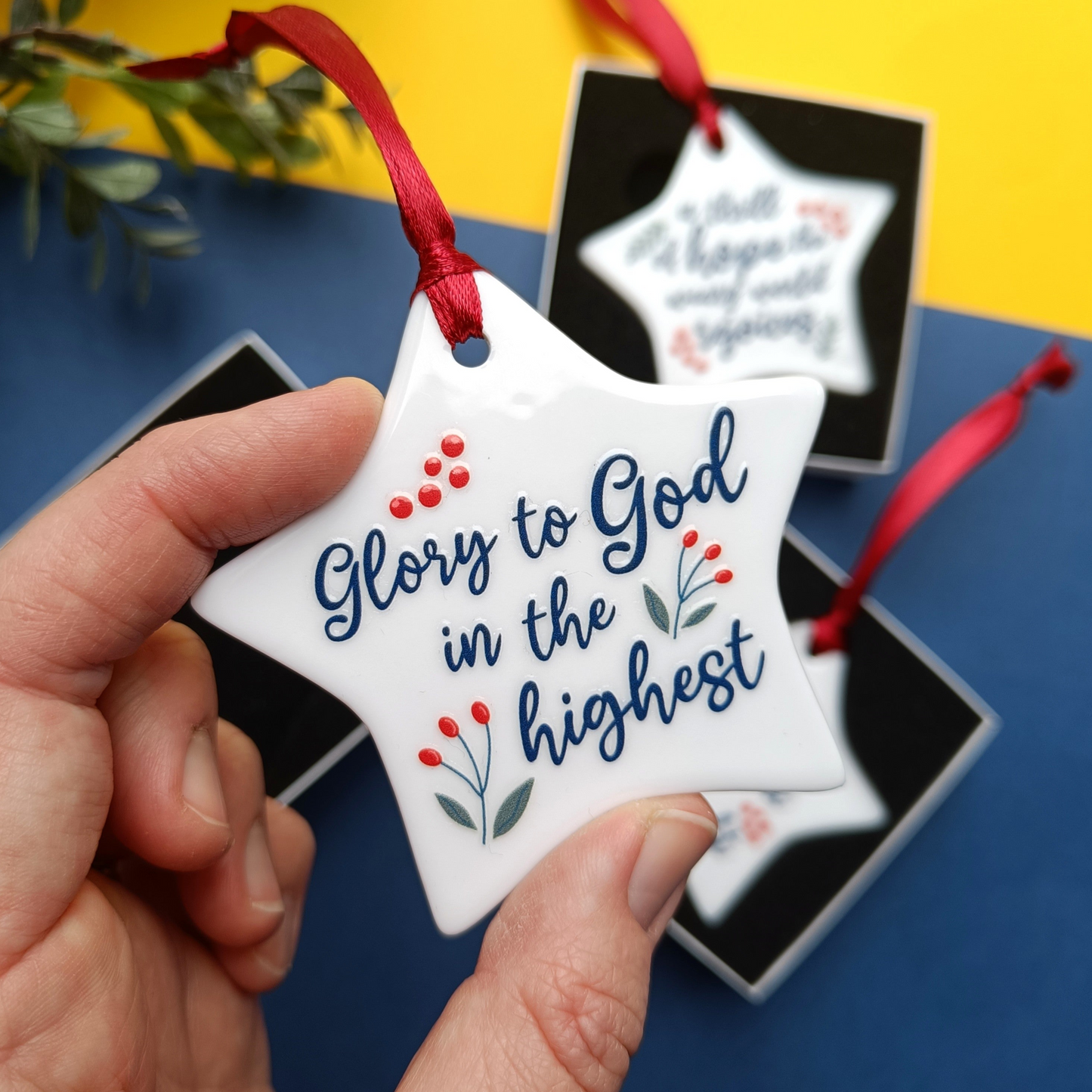 Set of 3 Ceramic Star Scripture Decorations