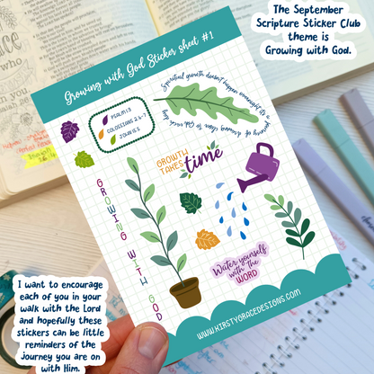 A hand holds a sticker sheet titled 'Growing with God Sticker sheet #1' featuring Bible-themed stickers like a potted plant, watering can, rain drops, and scripture text. The background shows an open Bible, a pen cup, and other stationery items.