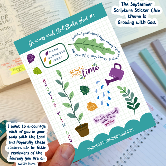 A hand holds a sticker sheet titled 'Growing with God Sticker sheet #1' featuring Bible-themed stickers like a potted plant, watering can, rain drops, and scripture text. The background shows an open Bible, a pen cup, and other stationery items.